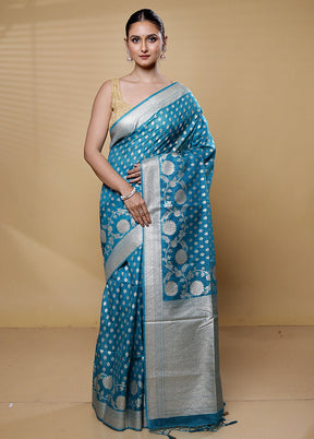 Blue Dupion Silk Saree With Blouse Piece