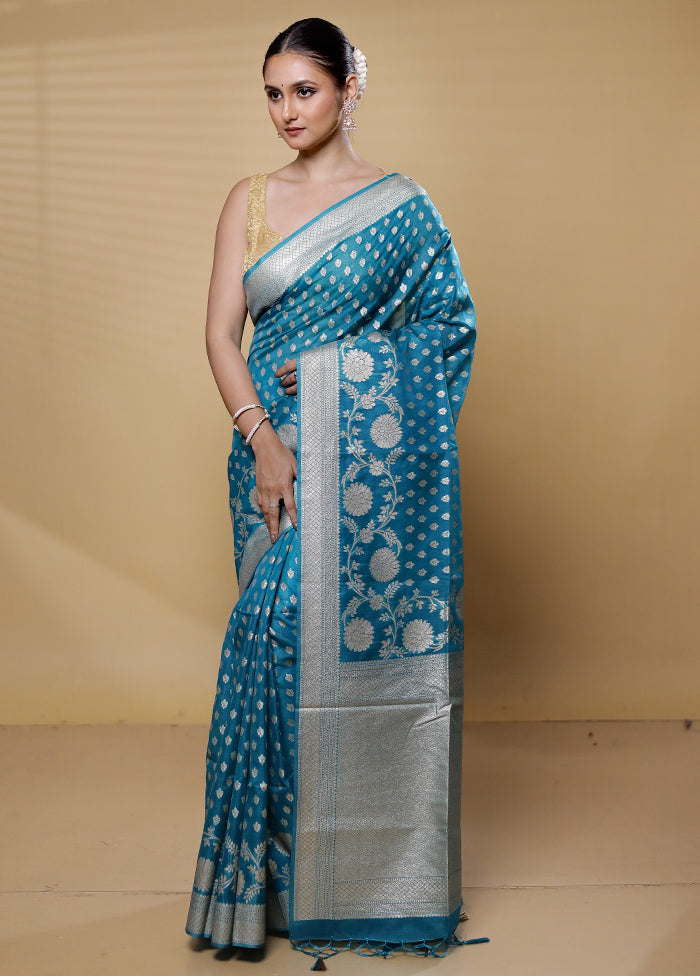 Blue Dupion Silk Saree With Blouse Piece