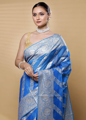 Blue Dupion Silk Saree With Blouse Piece