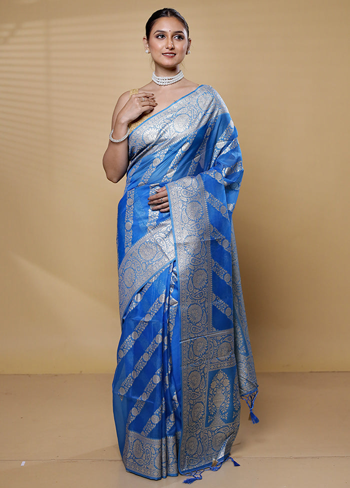 Blue Dupion Silk Saree With Blouse Piece