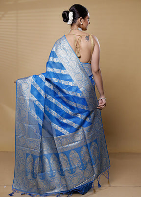 Blue Dupion Silk Saree With Blouse Piece