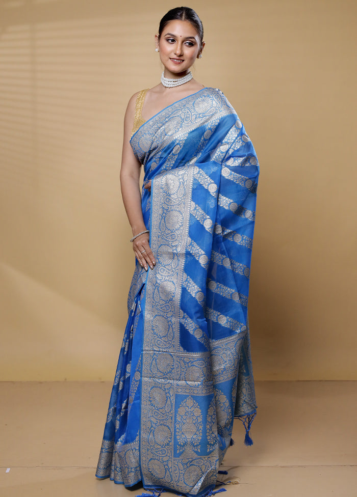 Blue Dupion Silk Saree With Blouse Piece