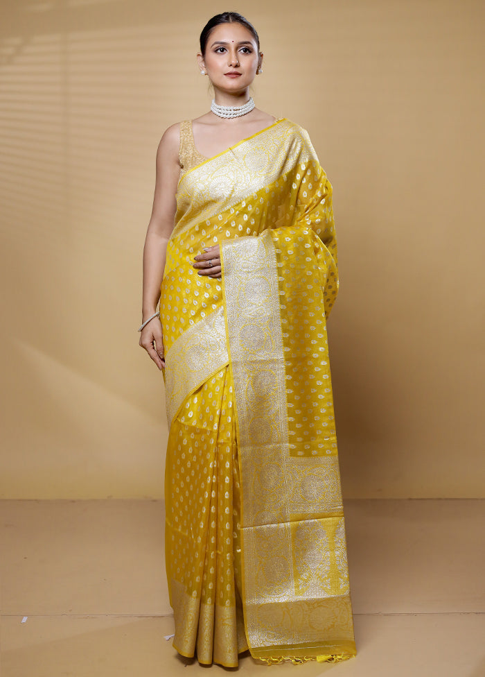 Yellow Dupion Silk Saree With Blouse Piece