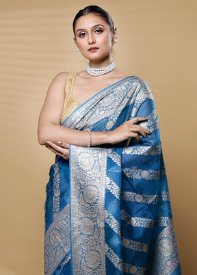 Blue Dupion Silk Saree With Blouse Piece