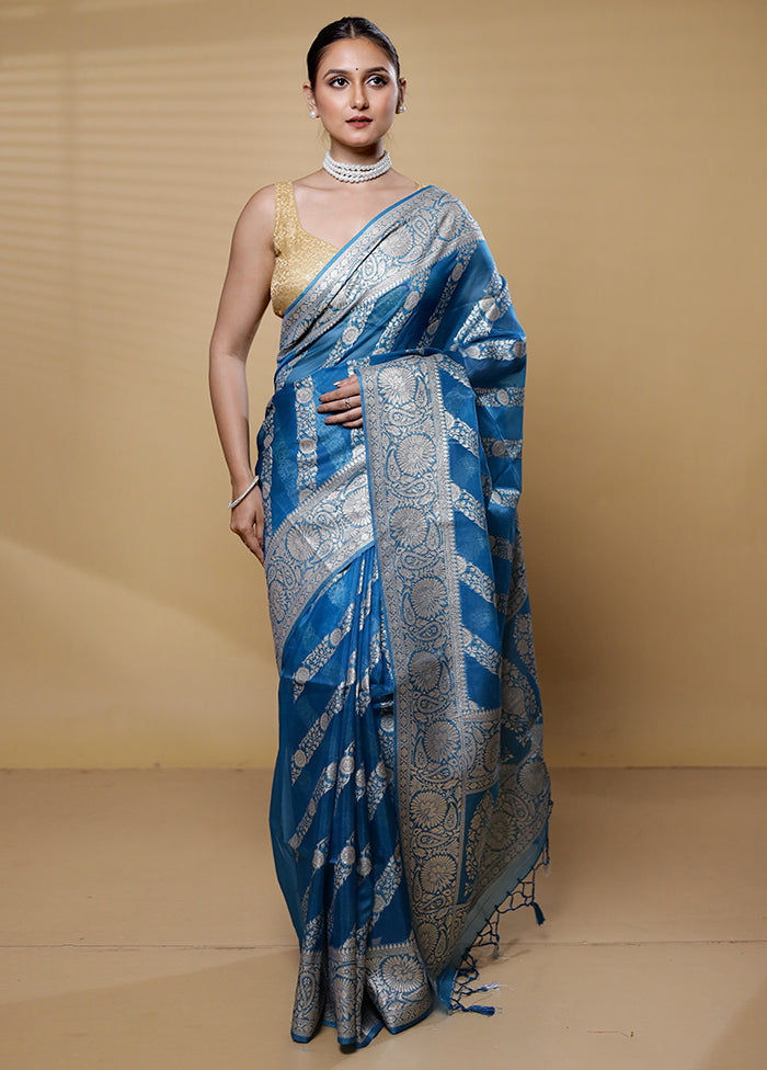 Blue Dupion Silk Saree With Blouse Piece