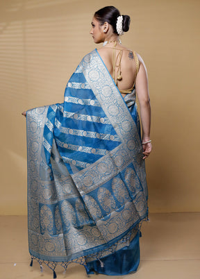 Blue Dupion Silk Saree With Blouse Piece