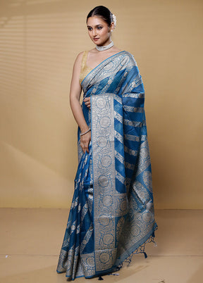 Blue Dupion Silk Saree With Blouse Piece