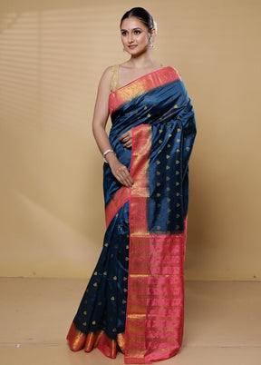 Blue Dupion Silk Saree With Blouse Piece