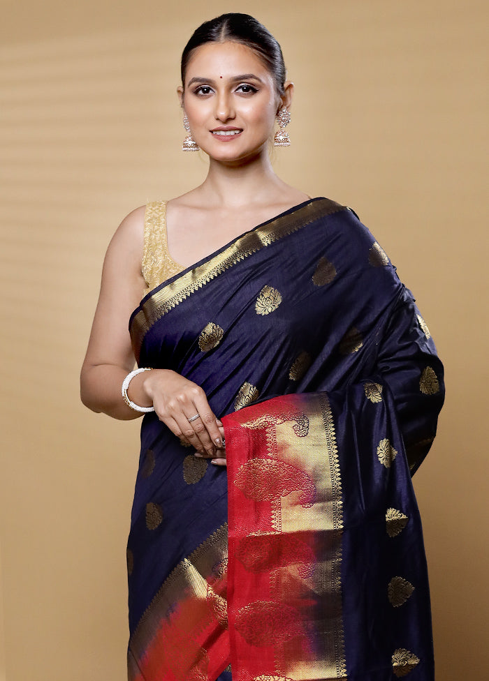 Blue Dupion Silk Saree With Blouse Piece