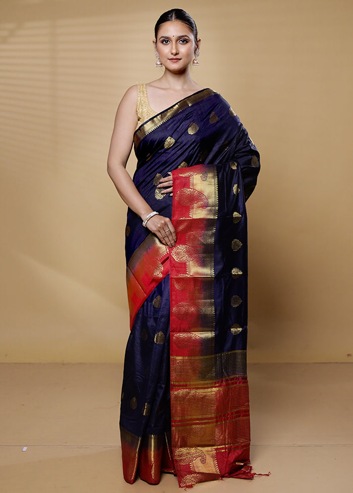 Blue Dupion Silk Saree With Blouse Piece