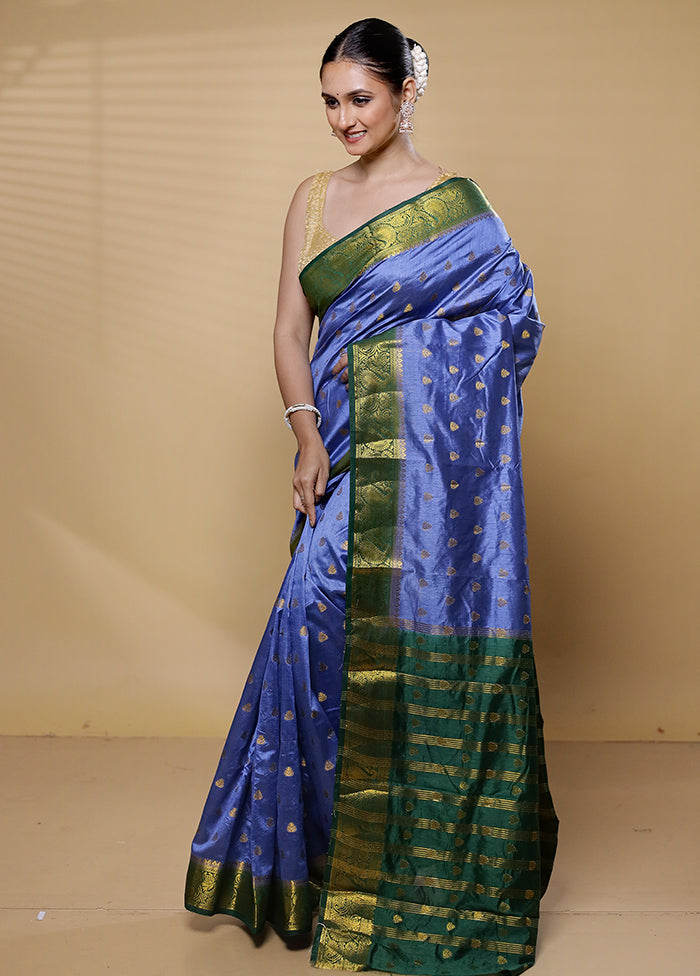 Blue Dupion Silk Saree With Blouse Piece