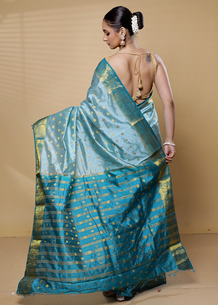 Blue Dupion Silk Saree With Blouse Piece