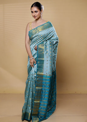 Blue Dupion Silk Saree With Blouse Piece