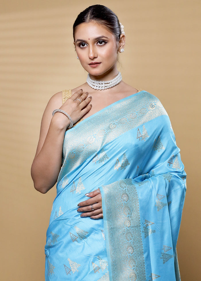 Blue Dupion Silk Saree With Blouse Piece