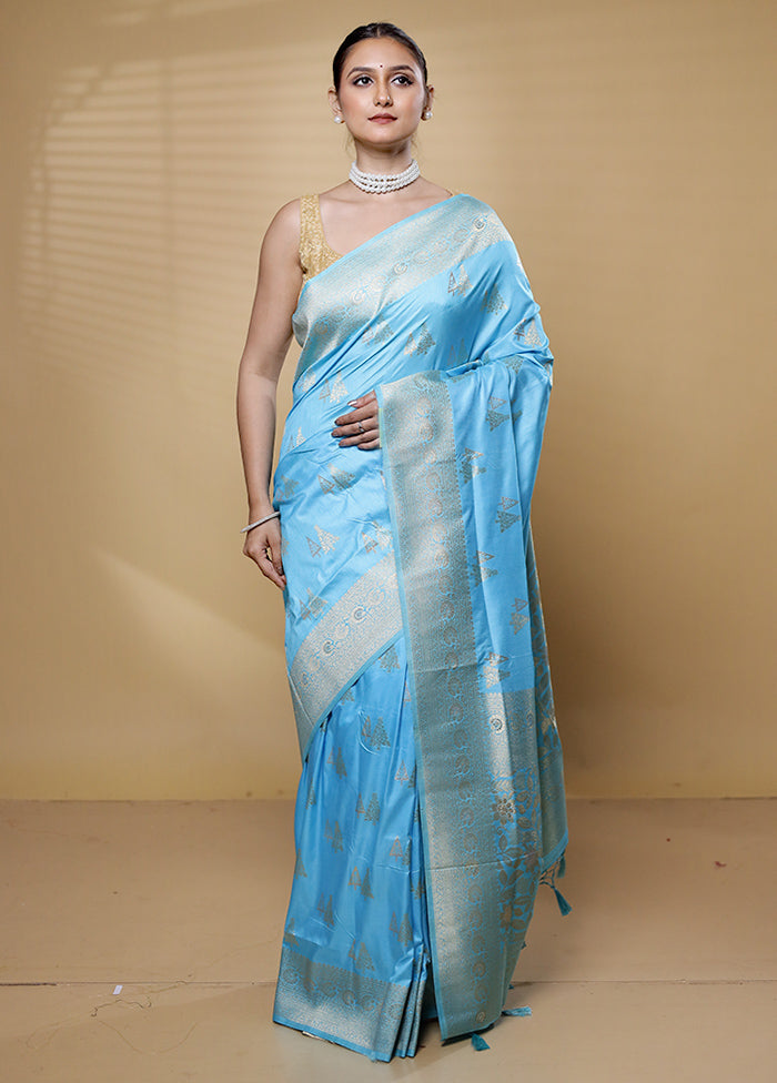 Blue Dupion Silk Saree With Blouse Piece