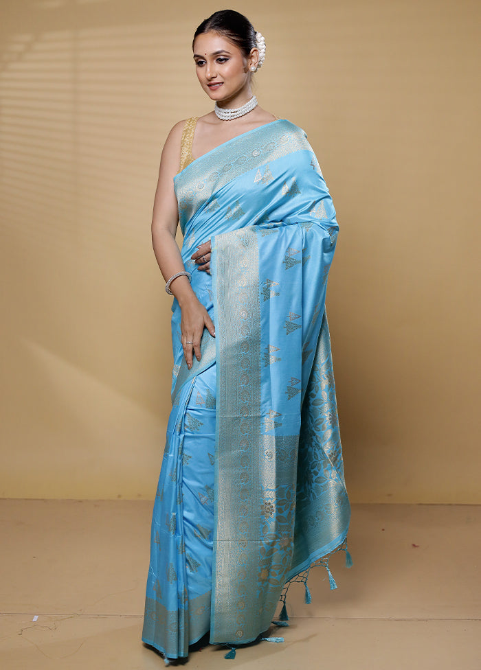 Blue Dupion Silk Saree With Blouse Piece