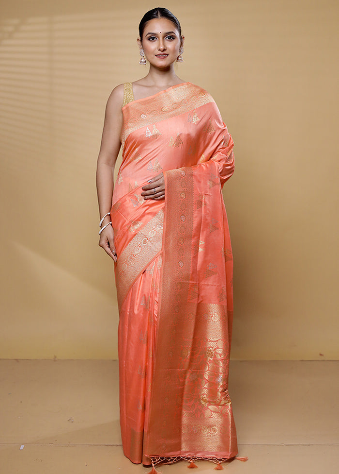 Peach Dupion Silk Saree With Blouse Piece