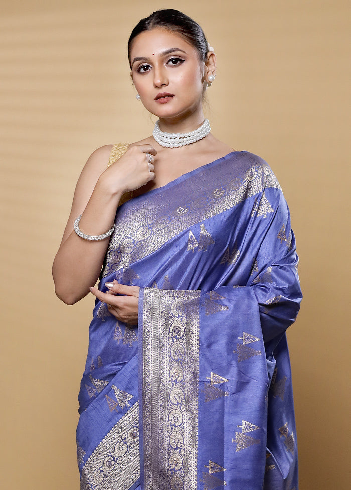 Blue Dupion Silk Saree With Blouse Piece