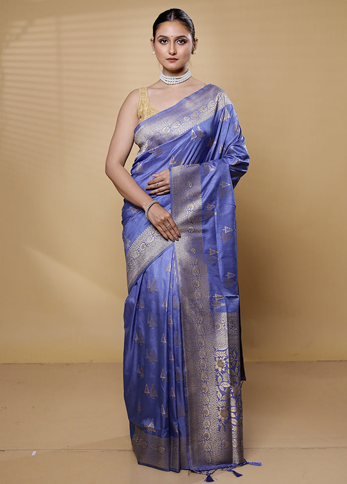 Blue Dupion Silk Saree With Blouse Piece