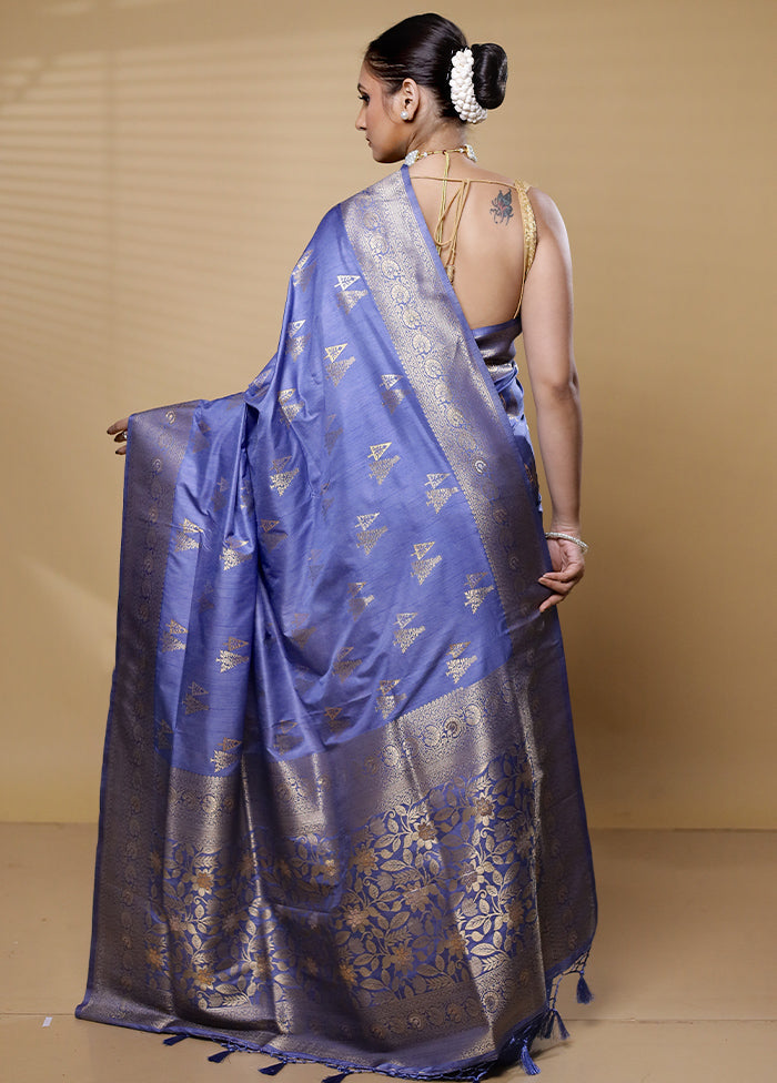 Blue Dupion Silk Saree With Blouse Piece