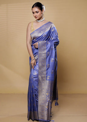 Blue Dupion Silk Saree With Blouse Piece