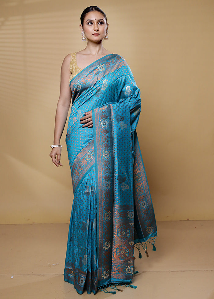 Blue Dupion Silk Saree With Blouse Piece