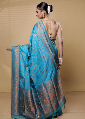 Blue Dupion Silk Saree With Blouse Piece