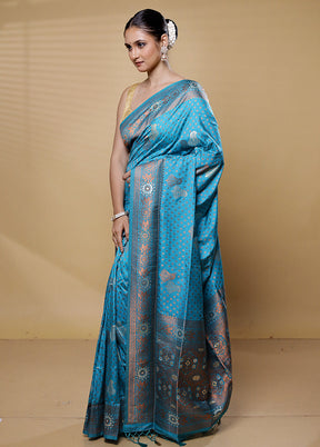 Blue Dupion Silk Saree With Blouse Piece