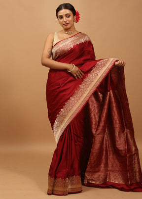 Maroon Handloom Banarasi Pure Silk Saree With Blouse Piece