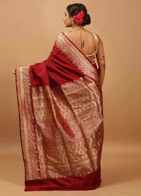 Maroon Handloom Banarasi Pure Silk Saree With Blouse Piece