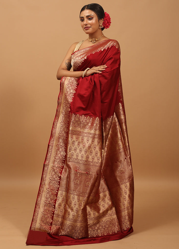 Maroon Handloom Banarasi Pure Silk Saree With Blouse Piece