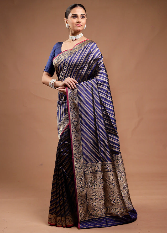 Blue Handloom Katan Pure Silk Saree With Blouse Piece