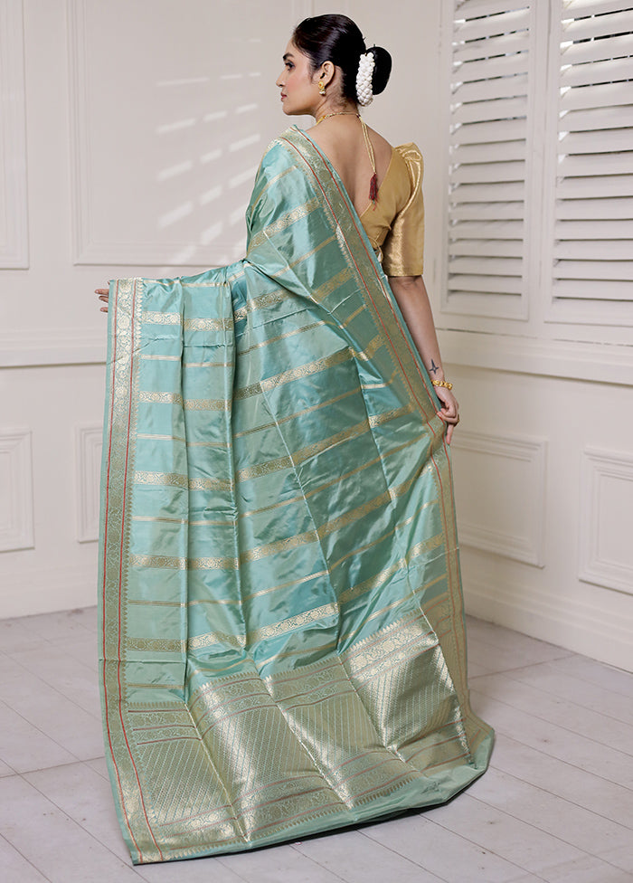 Blue Handloom Katan Pure Silk Saree With Blouse Piece