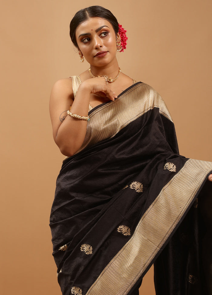 Black Handloom Katan Pure Silk Saree With Blouse Piece