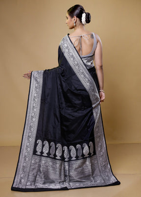 Black Handloom Banarasi Pure Silk Saree With Blouse Piece