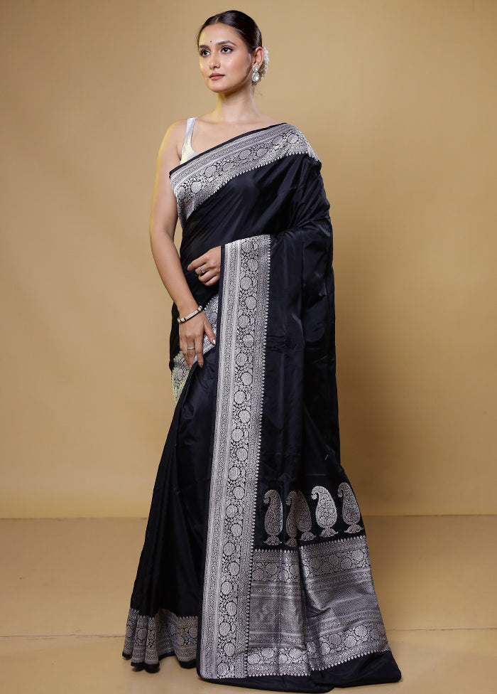 Black Handloom Banarasi Pure Silk Saree With Blouse Piece