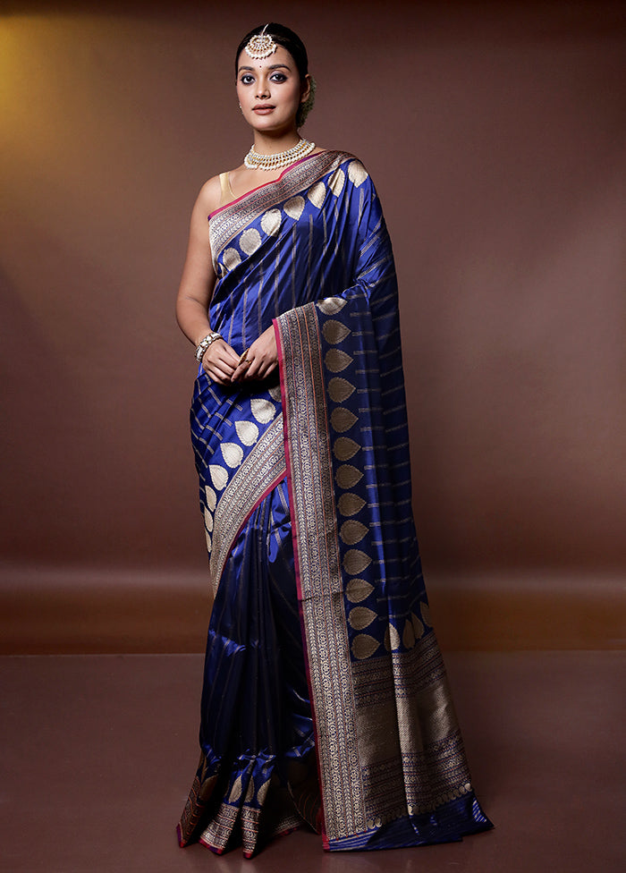 Blue Handloom Katan Pure Silk Saree With Blouse Piece