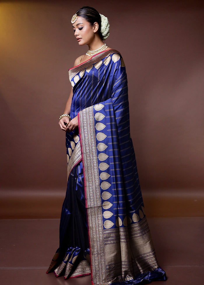 Blue Handloom Katan Pure Silk Saree With Blouse Piece