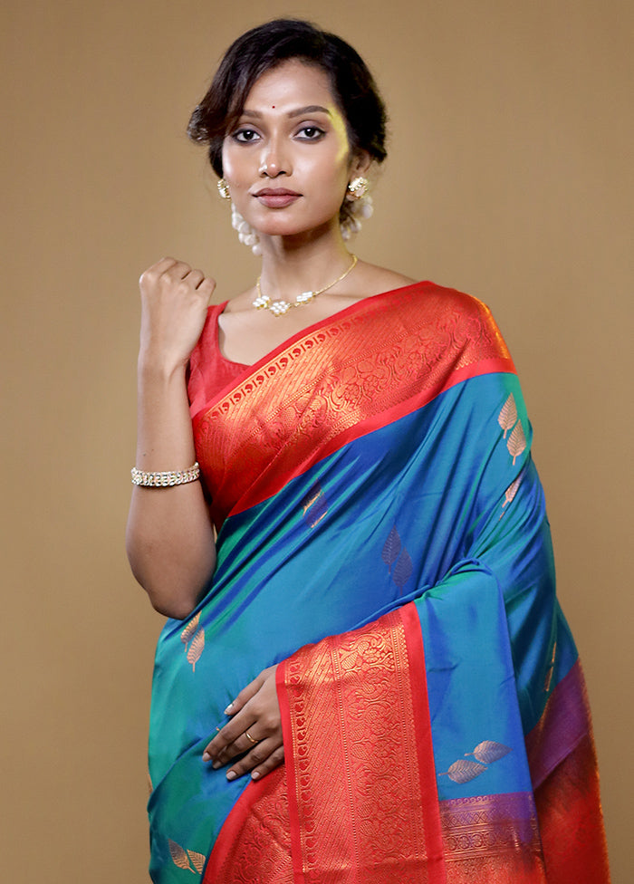 Blue Kanjivaram Silk Saree With Blouse Piece