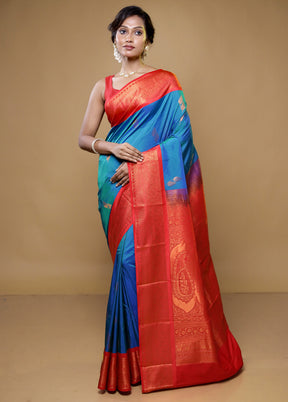 Blue Kanjivaram Silk Saree With Blouse Piece