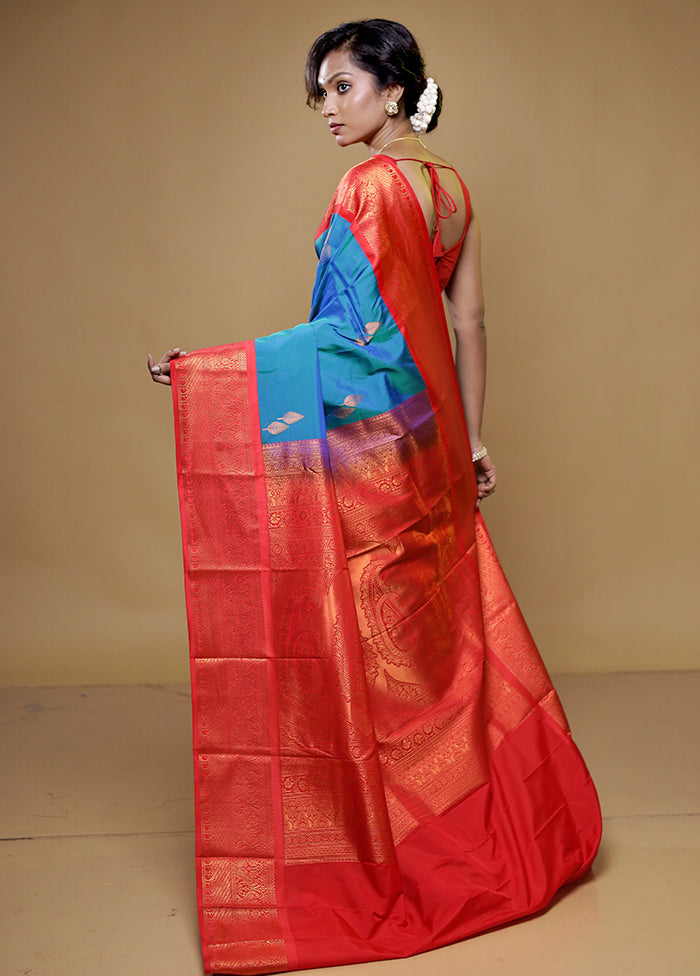 Blue Kanjivaram Silk Saree With Blouse Piece