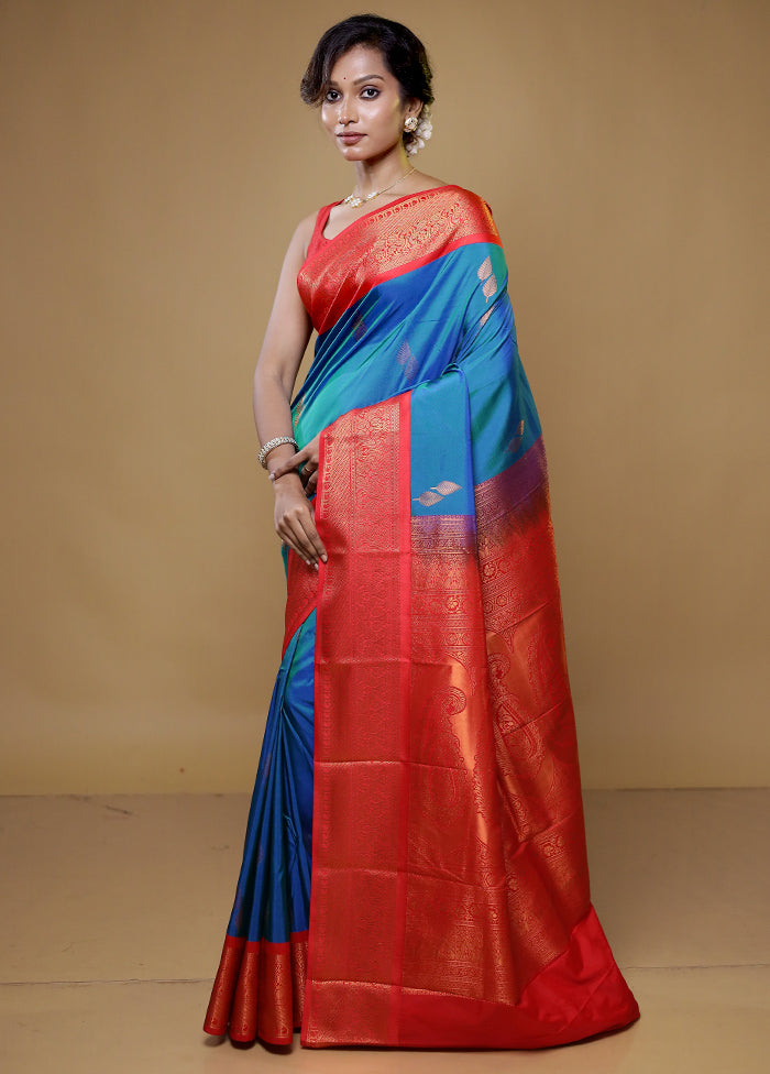 Blue Kanjivaram Silk Saree With Blouse Piece