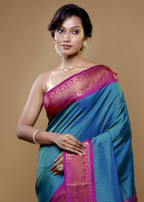 Blue Kanjivaram Silk Saree With Blouse Piece