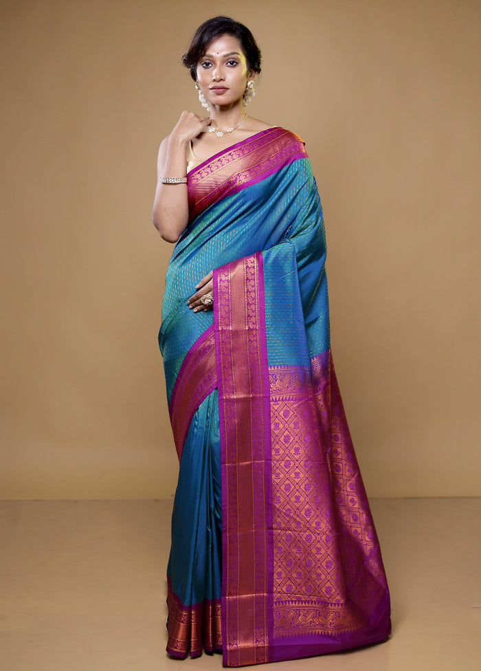 Blue Kanjivaram Silk Saree With Blouse Piece