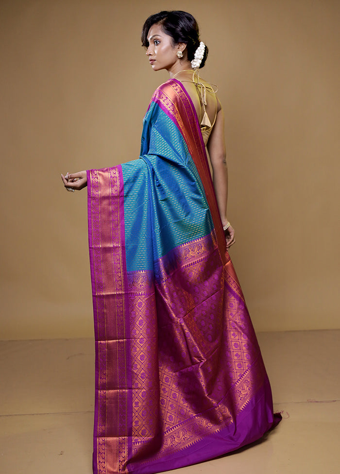 Blue Kanjivaram Silk Saree With Blouse Piece