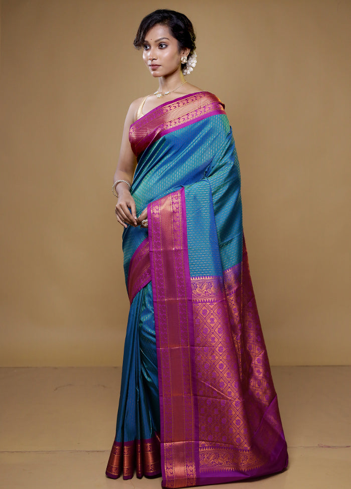 Blue Kanjivaram Silk Saree With Blouse Piece