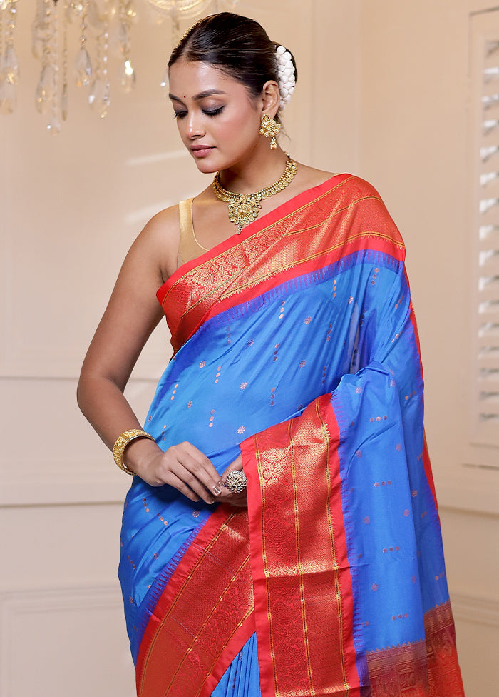 Blue Kanjivaram Silk Saree With Blouse Piece