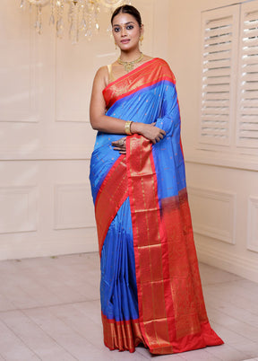 Blue Kanjivaram Silk Saree With Blouse Piece