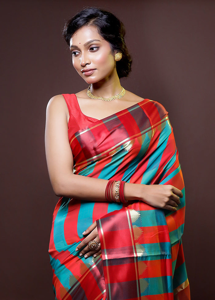 Multicolor Kanjivaram Silk Saree With Blouse Piece