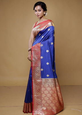 Blue Katan Silk Saree With Blouse Piece